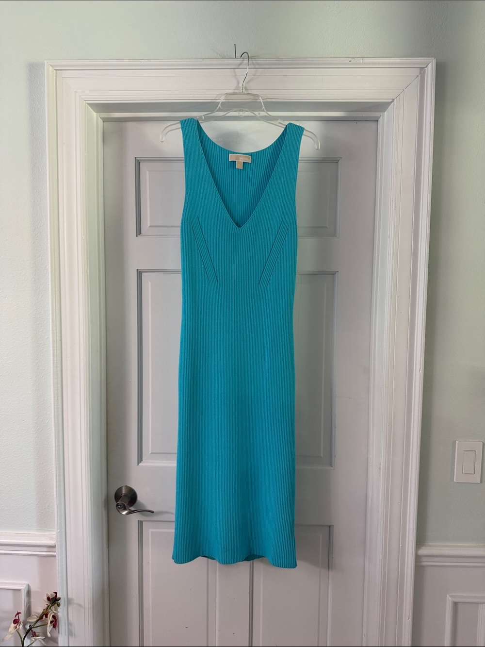Michael Kors Sleeveless V-Neck Ribbed Dress in Turquoise Blue